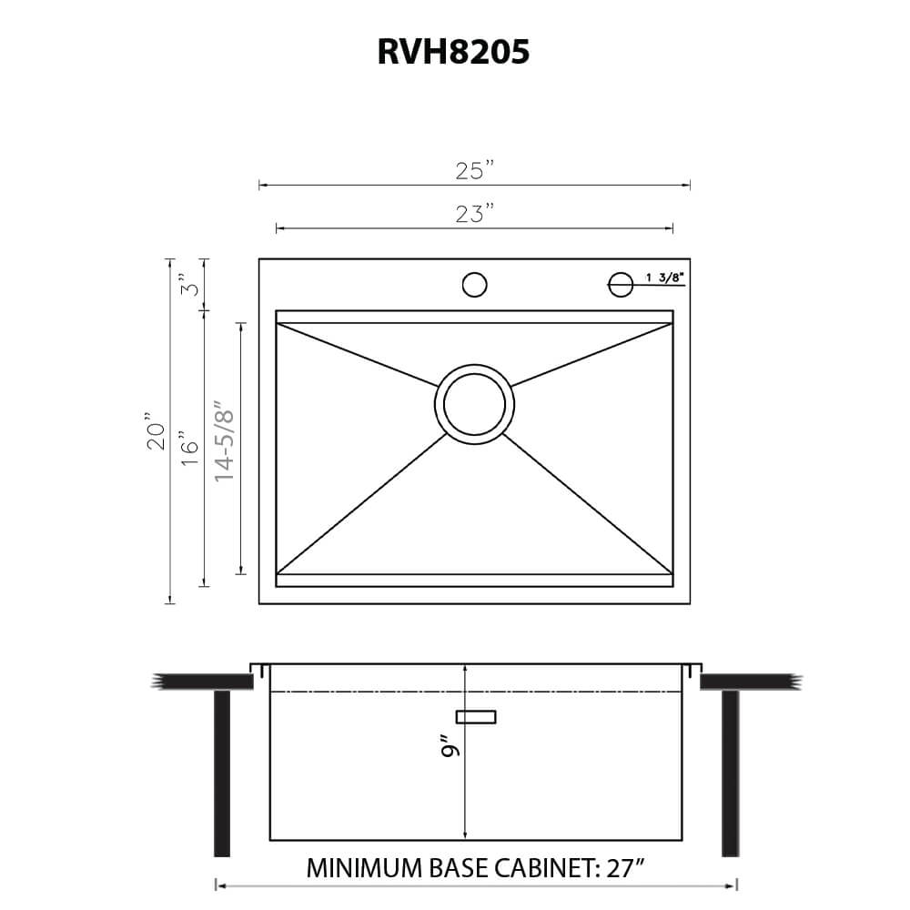 Dimensions Image for Ruvati Vino 25 x 20 inch RV Workstation Drop-in Topmount Bar Prep Kitchen Sink 16 Gauge Stainless Steel, 16, RVH8205