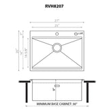 Dimensions Image for Ruvati Vino 27 x 20 inch RV Workstation Drop-in Topmount Bar Prep Kitchen Sink 16 Gauge Stainless Steel, 16, RVH8207