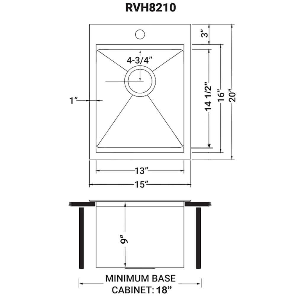 Dimensions Image for Ruvati Giana 15 x 20 inch Gunmetal Black Stainless Steel Workstation Wet Bar Sink Drop-in Topmount, 16, RVH8210BL