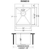 Dimensions for Ruvati Vino 15" Rectangle Stainless Steel Workstation Bar/Prep Sink, 16 Gauge, RVH8210
