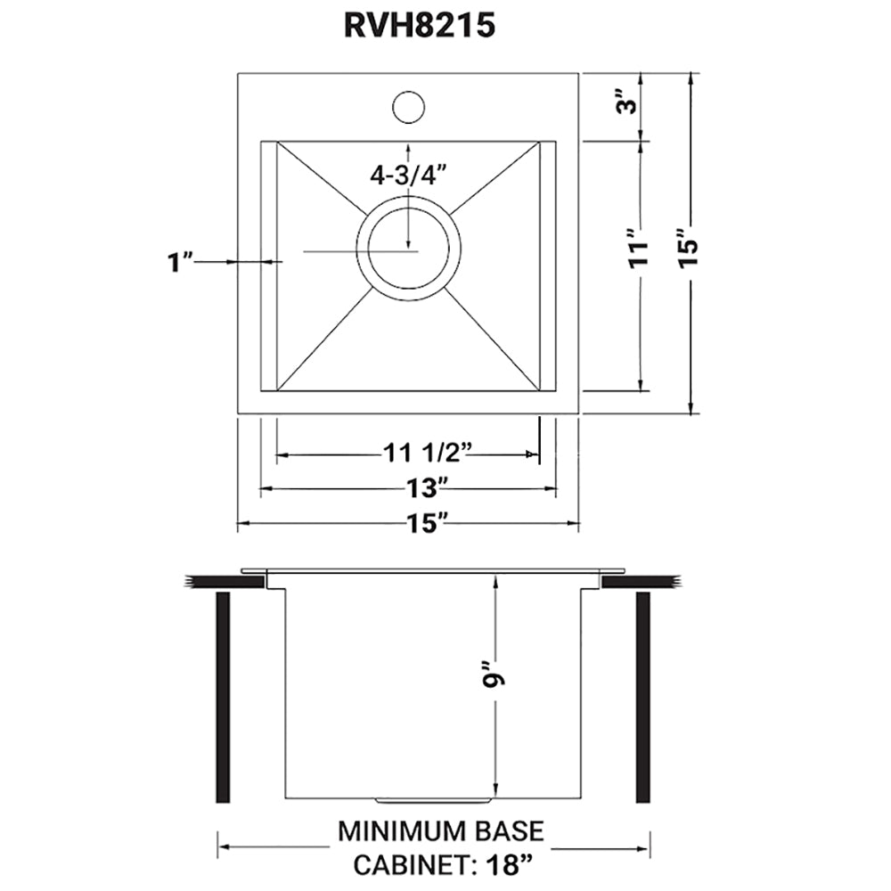Dimensions Image for Ruvati Vino 15" Square Stainless Steel Workstation Bar/Prep Sink, 16 Gauge, RVH8215