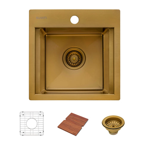 Ruvati Giana 15 inch Polished Brass Matte Gold Stainless Steel Workstation Wet Bar Sink Drop-in Topmount, 16, Matte Gold Satin Brass, RVH8215GG