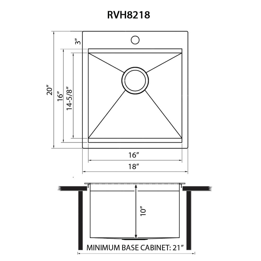 Dimensions Image for Ruvati 18 x 20 inch RV Camper Van Workstation Drop-in Topmount Bar Prep Tiny Home Sink Stainless Steel, RVH8218