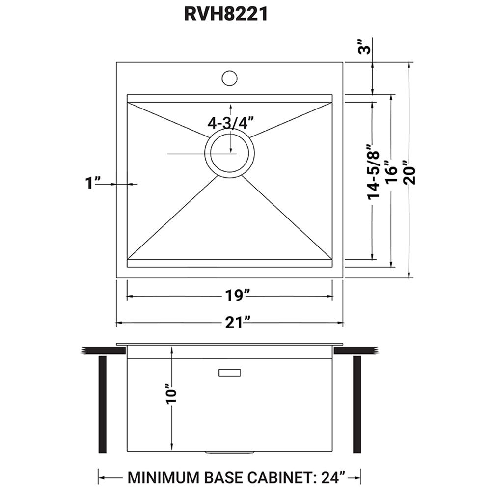 Dimensions Image for Ruvati Vino 21" Rectangle Stainless Steel Workstation Bar/Prep Sink, 16 Gauge, RVH8221