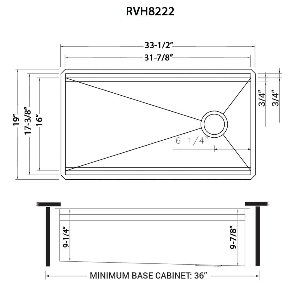 Dimensions Image for Ruvati Dual-Tier 33" Undermount Stainless Steel Workstation Kitchen Sink, 16 Gauge, RVH8222