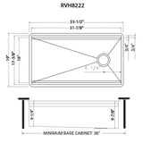 Dimensions Image for Ruvati Dual-Tier 33" Undermount Stainless Steel Workstation Kitchen Sink, 16 Gauge, RVH8222