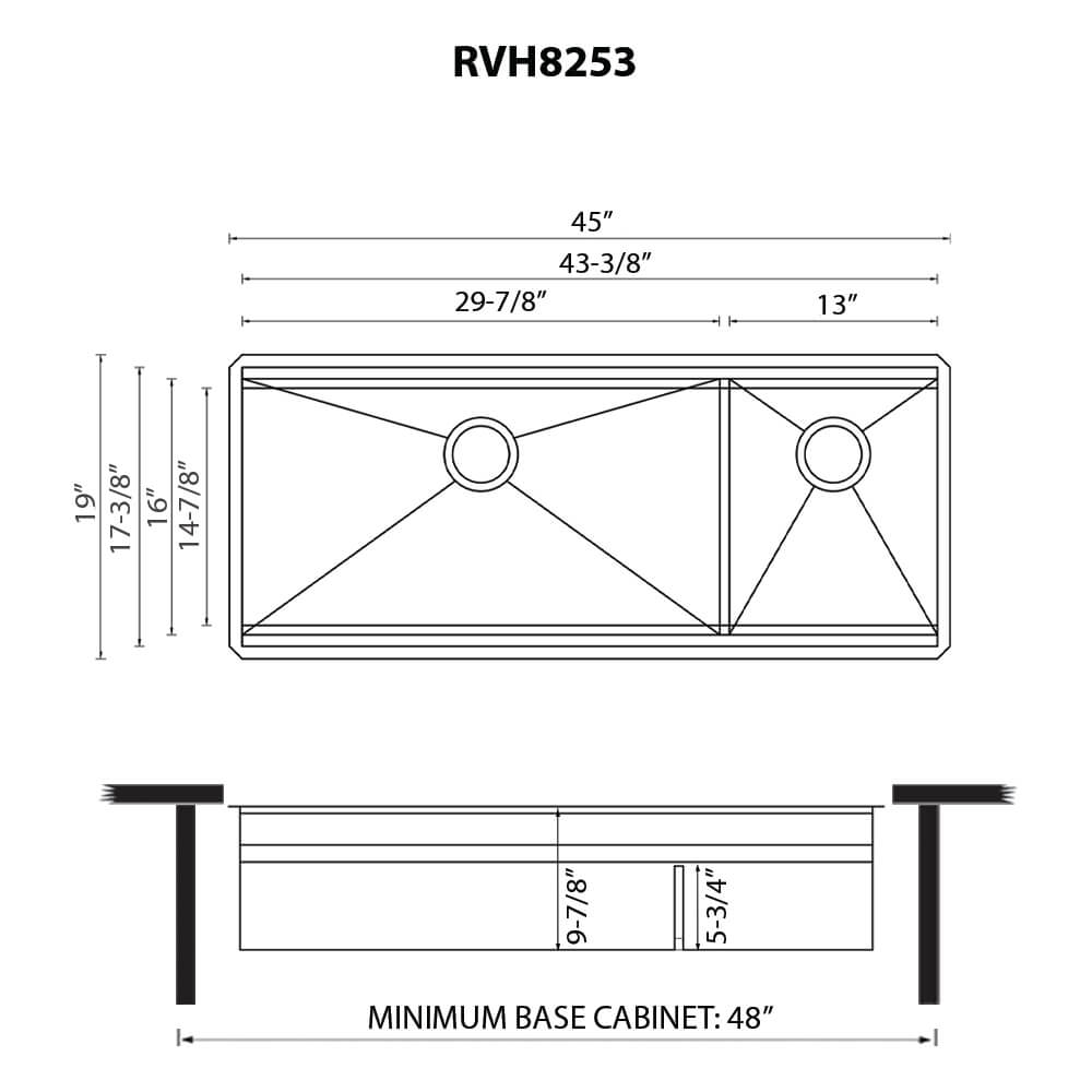 Dimensions Image for Ruvati Dual-Tier 45-inch Double Bowl Workstation Two-Tiered Ledge Kitchen Sink Undermount 16 Gauge Stainless Steel, RVH8253