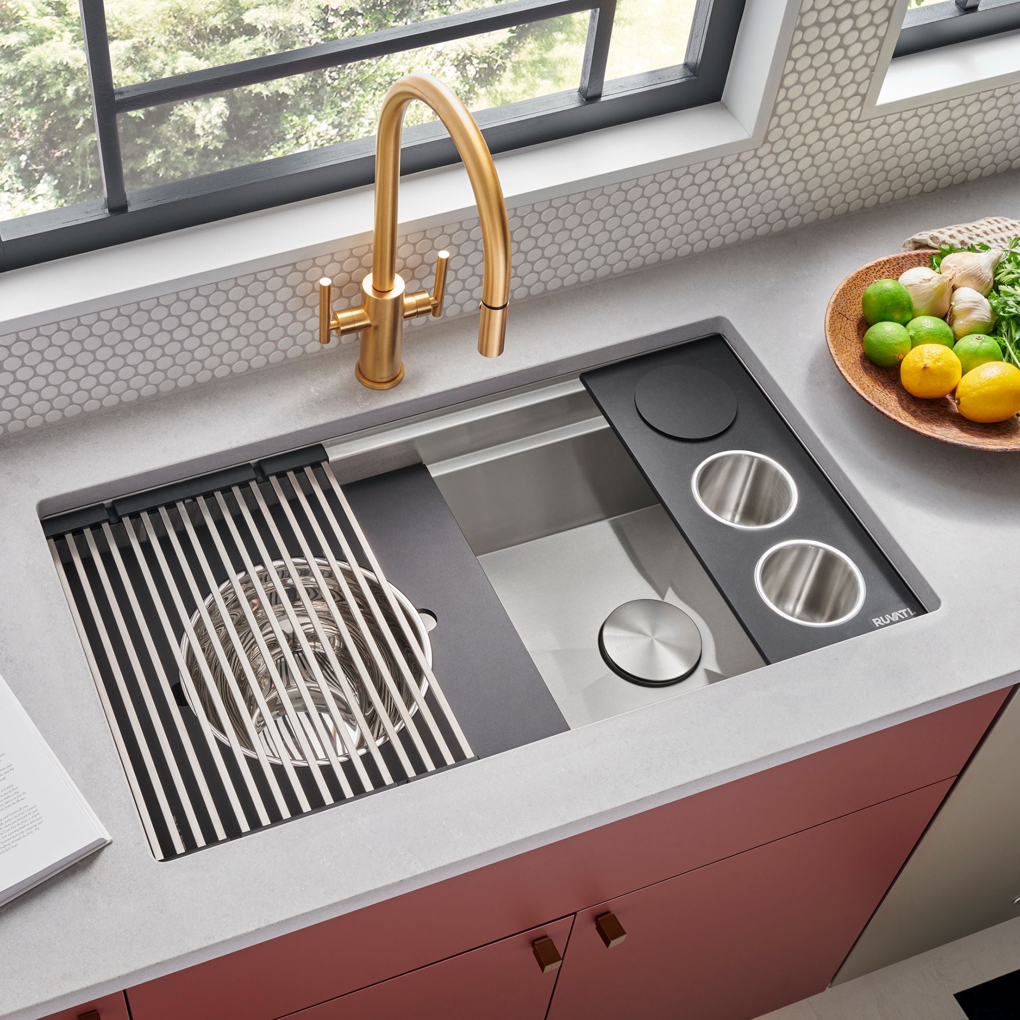 Ruvati Dual Tier Nova 33" Undermount Stainless Steel Workstation Kitchen Sink, 60/40 Double Bowl, RVH8254