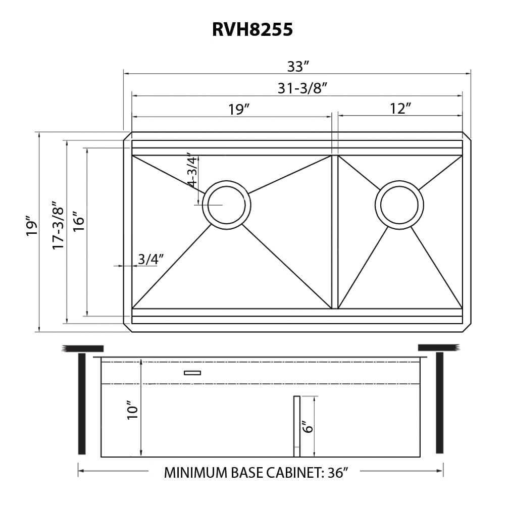 Dimensions Image for Ruvati Dual-Tier 33" Undermount Stainless Steel Workstation Kitchen Sink, 60/40 Low Divide Double Bowl, 16 Gauge, RVH8255