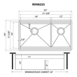 Dimensions for Ruvati Dual-Tier 33" Undermount Stainless Steel Workstation Kitchen Sink, 60/40 Low Divide Double Bowl, 16 Gauge, RVH8255
