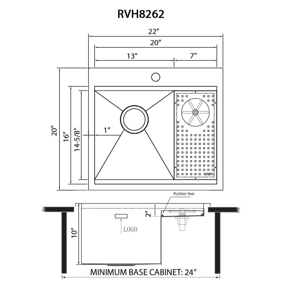 Dimensions Image for Ruvati Glass Rinser and Sink Combo 22 inch Workstation for Wet Bar Bottle Washer Drop in Topmount, RVH8262ST