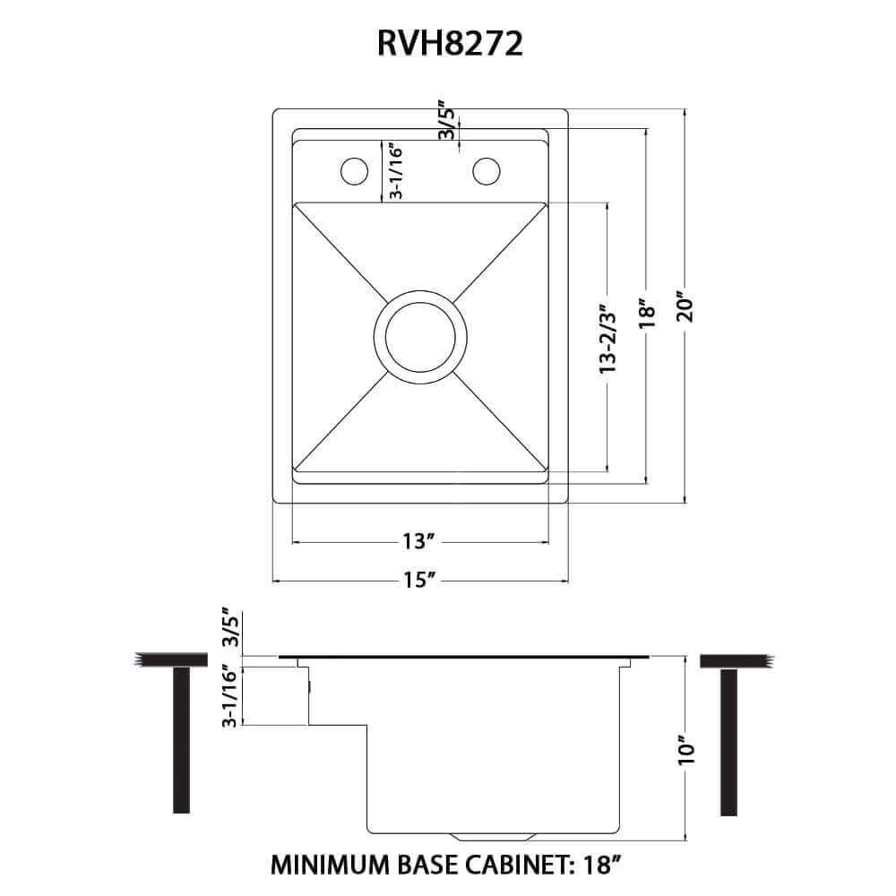 Dimensions Image for Ruvati Vienna 20 inch Stainless Steel RV Sink With Concealed Faucet and Soap DIspenser, 16, RVH8272ST
