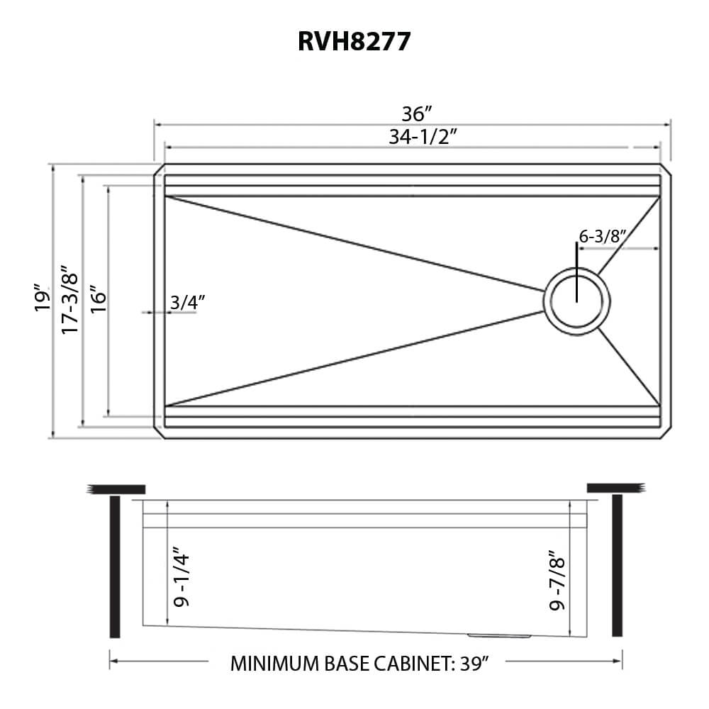 Dimensions Image for Ruvati Dual-Tier 36" Undermount Stainless Steel Workstation Kitchen Sink, 16 Gauge, RVH8277