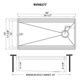 Dimensions for Ruvati Dual-Tier 36" Undermount Stainless Steel Workstation Kitchen Sink, 16 Gauge, RVH8277