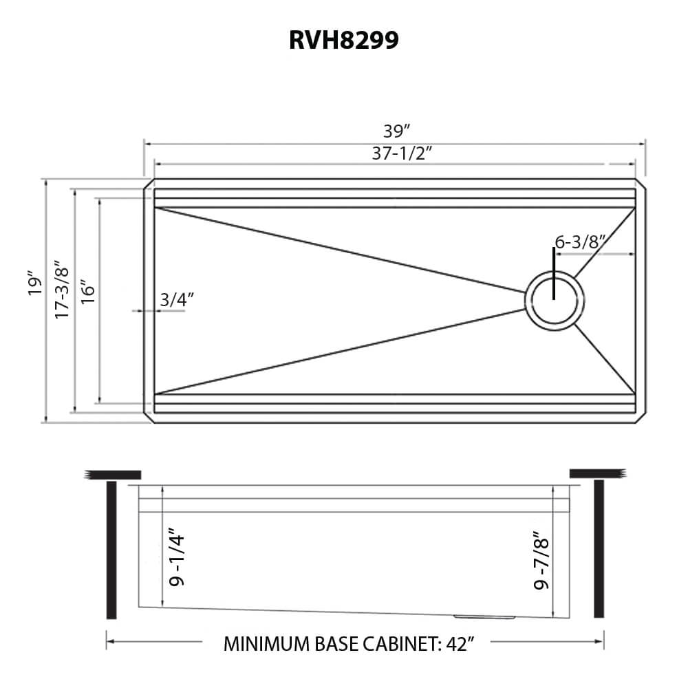 Dimensions Image for Ruvati Dual-Tier 39" Undermount Stainless Steel Workstation Kitchen Sink, 16 Gauge, RVH8299