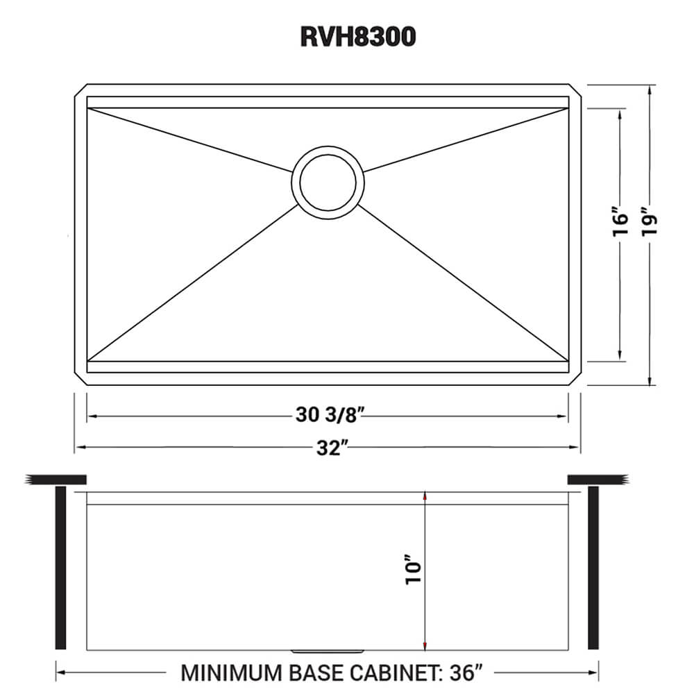 Dimensions Image for Ruvati Roma 32" Undermount Stainless Steel Workstation Kitchen Sink, 16 Gauge, RVH8300