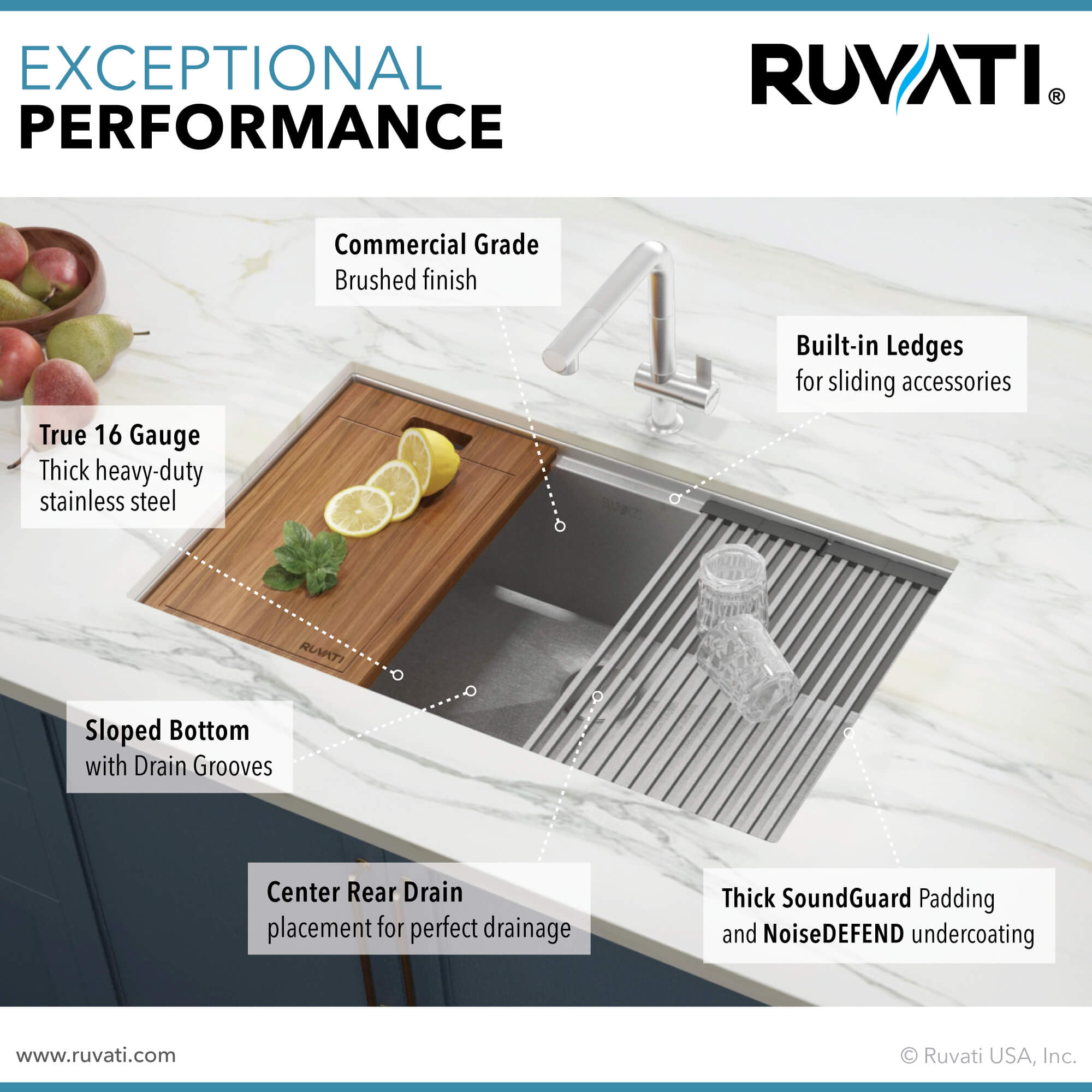 Alternative View of Ruvati Roma Pro 32" Undermount Stainless Steel Workstation Kitchen Sink, 16 Gauge, Rounded Corners, RVH8301