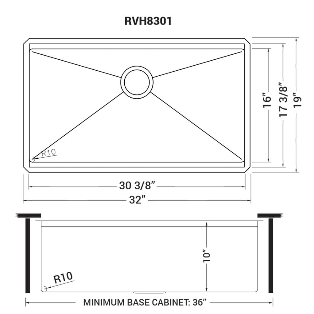 Dimensions Image for Ruvati Roma Pro 32" Undermount Stainless Steel Workstation Kitchen Sink, 16 Gauge, Rounded Corners, RVH8301