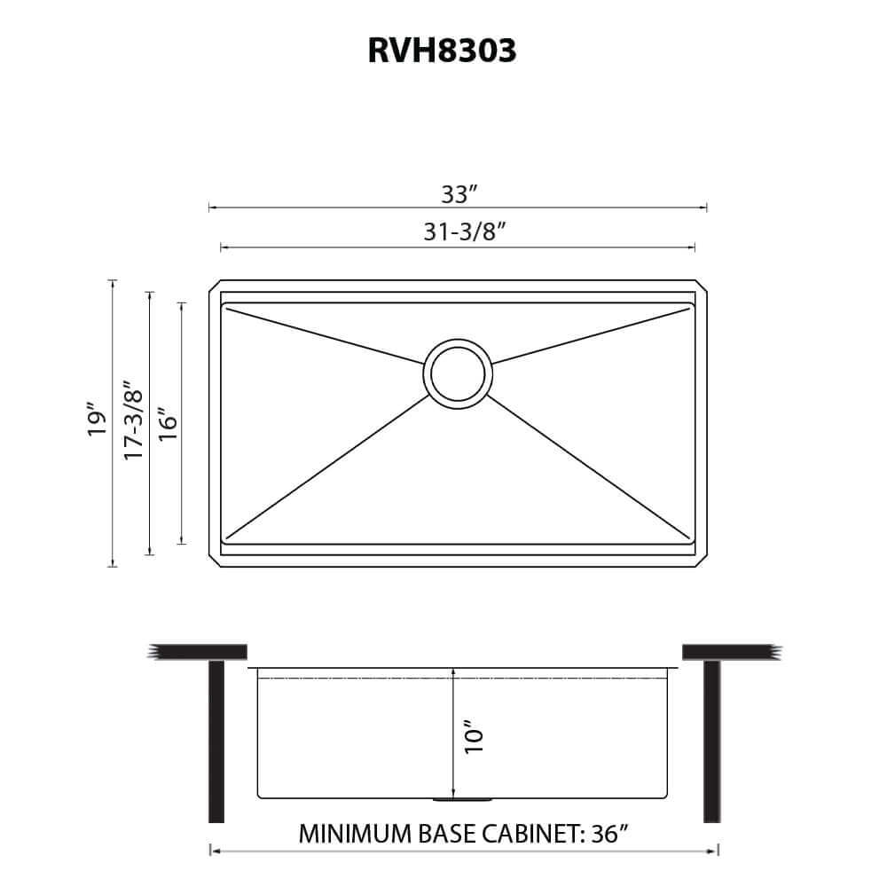 Dimensions Image for Ruvati Roma Pro 33-inch Workstation Ledge Rounded Corners Undermount 16 Gauge Kitchen Sink Single Bowl, Stainless Steel, 16, RVH8303