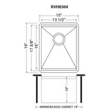Dimensions for Ruvati Roma 15" Undermount Rectangle Stainless Steel Workstation Bar/Prep Sink, 16 Gauge, RVH8304