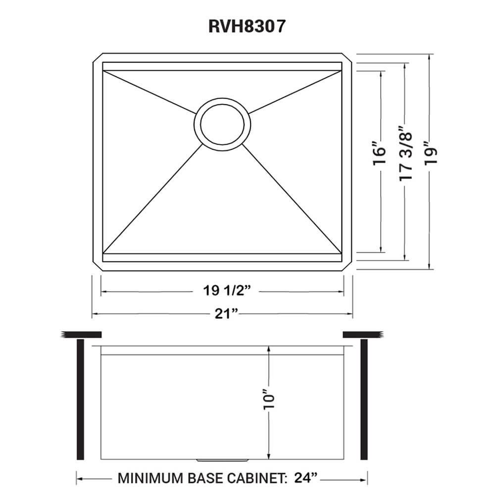 Dimensions Image for Ruvati Roma 21" Undermount Rectangle Stainless Steel Workstation Bar/Prep Sink, 16 Gauge, RVH8307