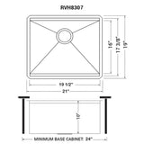 Dimensions for Ruvati Roma 21" Undermount Rectangle Stainless Steel Workstation Bar/Prep Sink, 16 Gauge, RVH8307