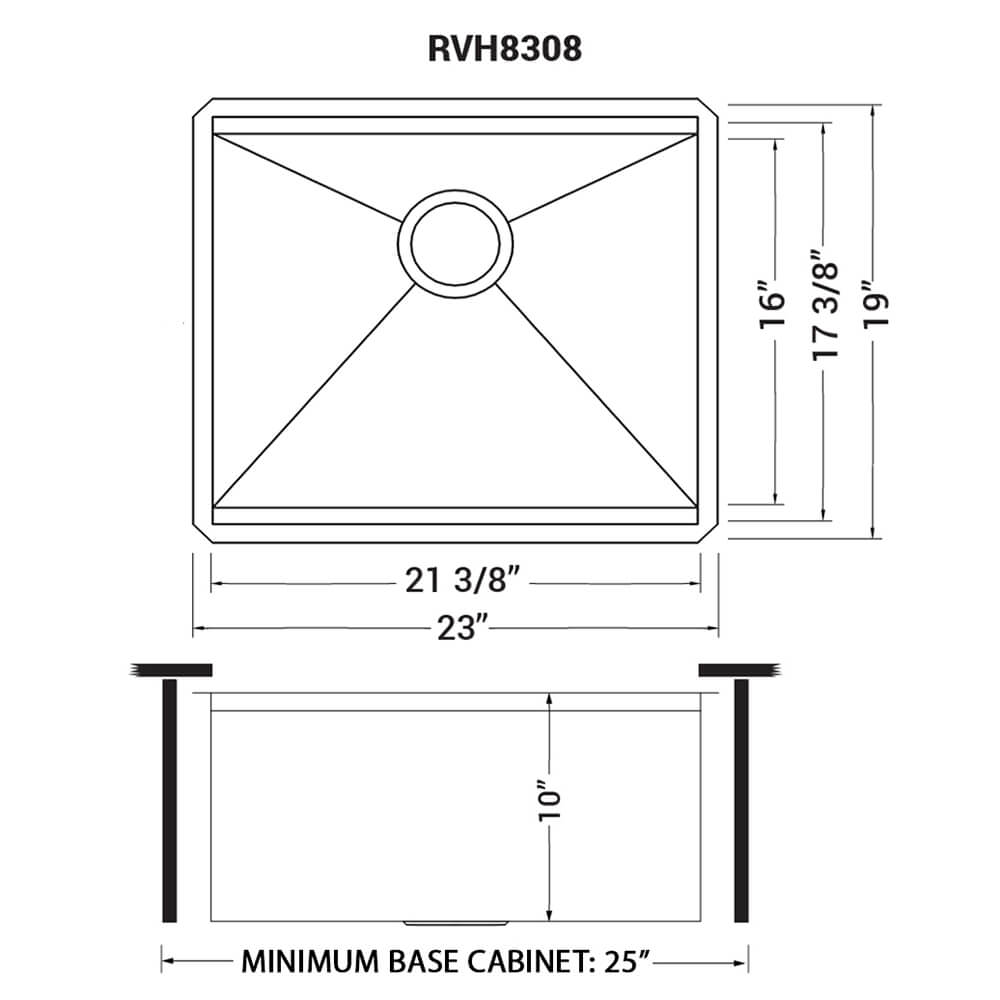 Dimensions Image for Ruvati Roma 23" Undermount Rectangle Stainless Steel Workstation Bar/Prep Sink, 16 Gauge, RVH8308