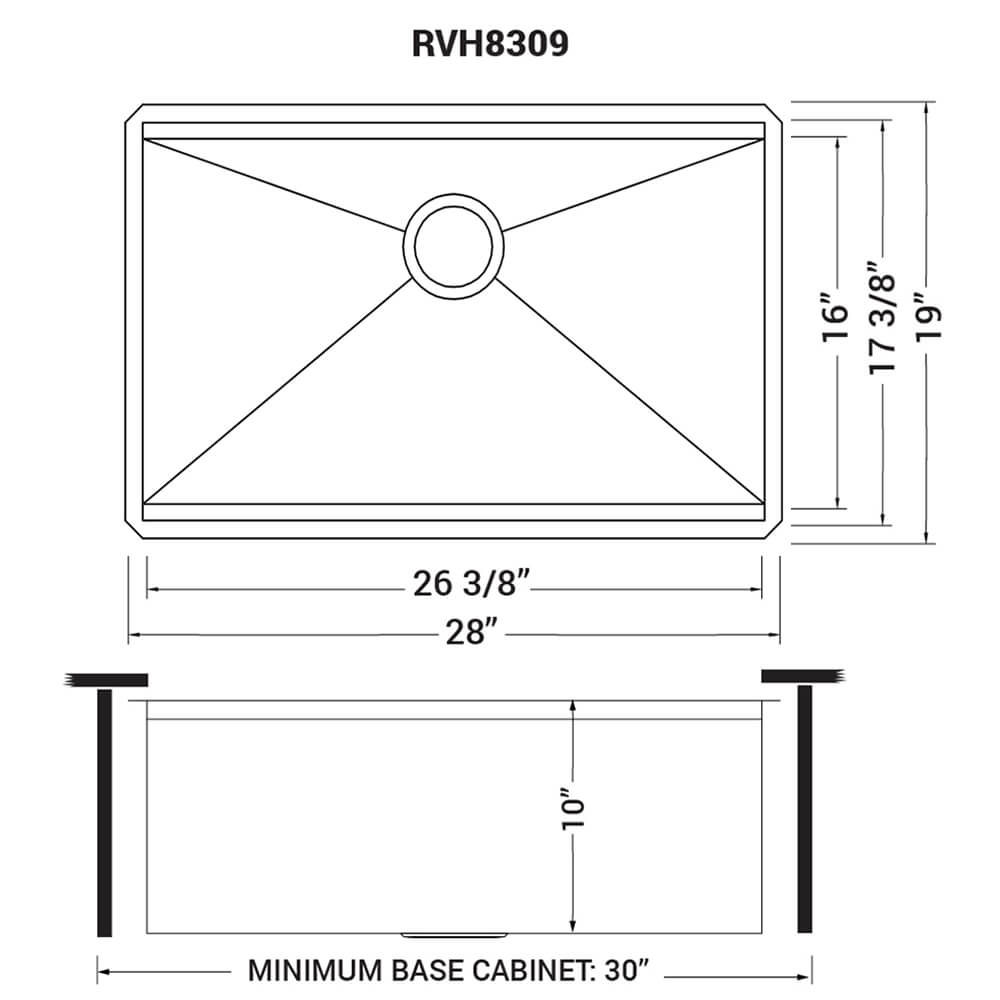 Dimensions Image for Ruvati Roma 28" Undermount Stainless Steel Workstation Kitchen Sink, 16 Gauge, RVH8309