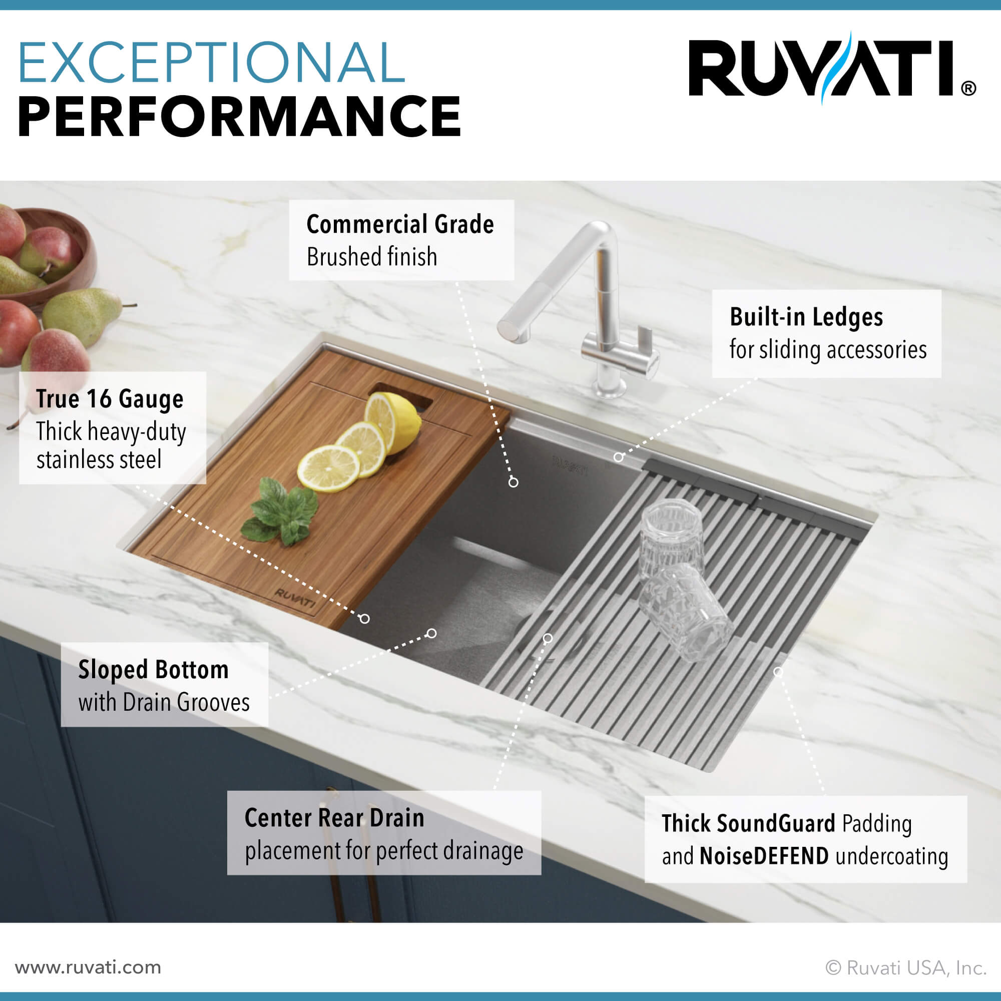 Alternative View of Ruvati Roma 30" Undermount Stainless Steel Workstation Kitchen Sink, 16 Gauge, RVH8310