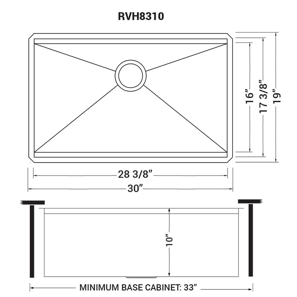 Dimensions Image for Ruvati Roma 30" Undermount Stainless Steel Workstation Kitchen Sink, 16 Gauge, RVH8310