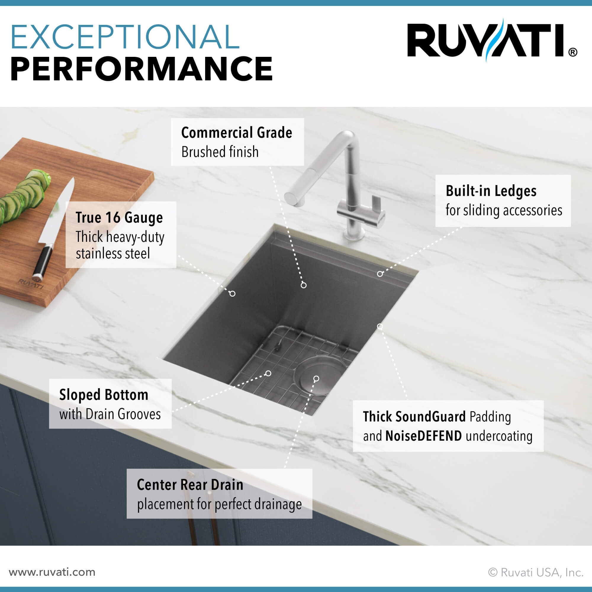 Alternative View of Ruvati Roma 13" Undermount Rectangle Stainless Steel Workstation Bar/Prep Sink, 16 Gauge, RVH8316