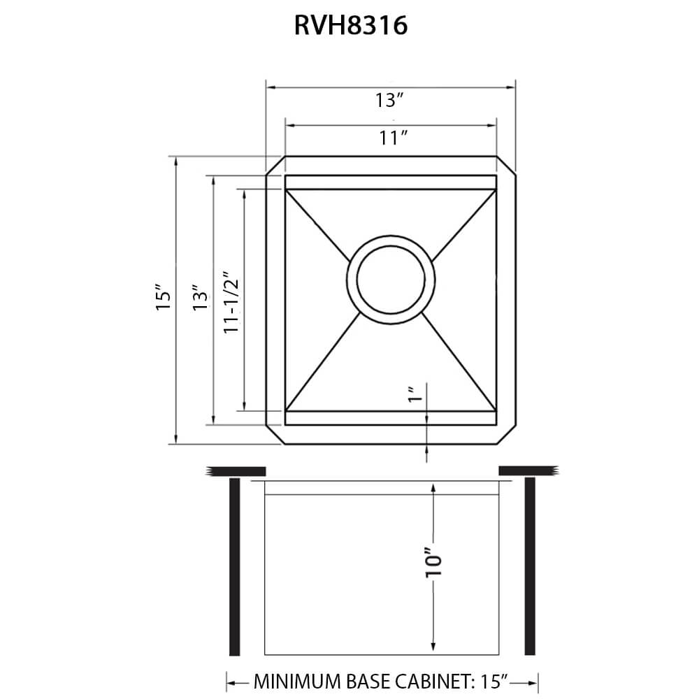 Dimensions Image for Ruvati Roma 13" Undermount Rectangle Stainless Steel Workstation Bar/Prep Sink, 16 Gauge, RVH8316