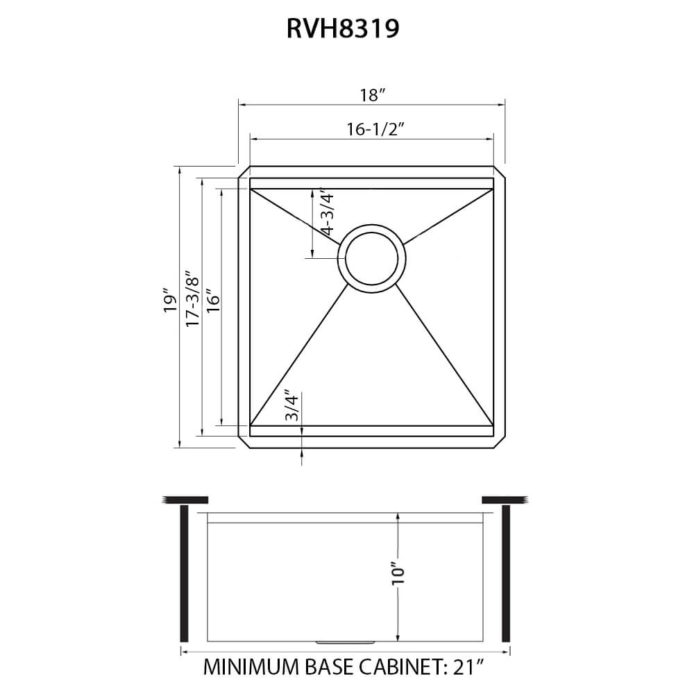 Dimensions Image for Ruvati Roma 18" Undermount Rectangle Stainless Steel Workstation Bar/Prep Sink, 16 Gauge, RVH8319