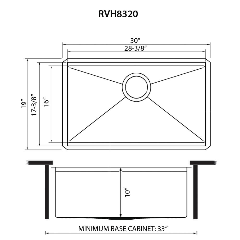 Dimensions Image for Ruvati Roma Pro 30" Undermount Stainless Steel Workstation Kitchen Sink, 16 Gauge, Rounded Corners, RVH8320