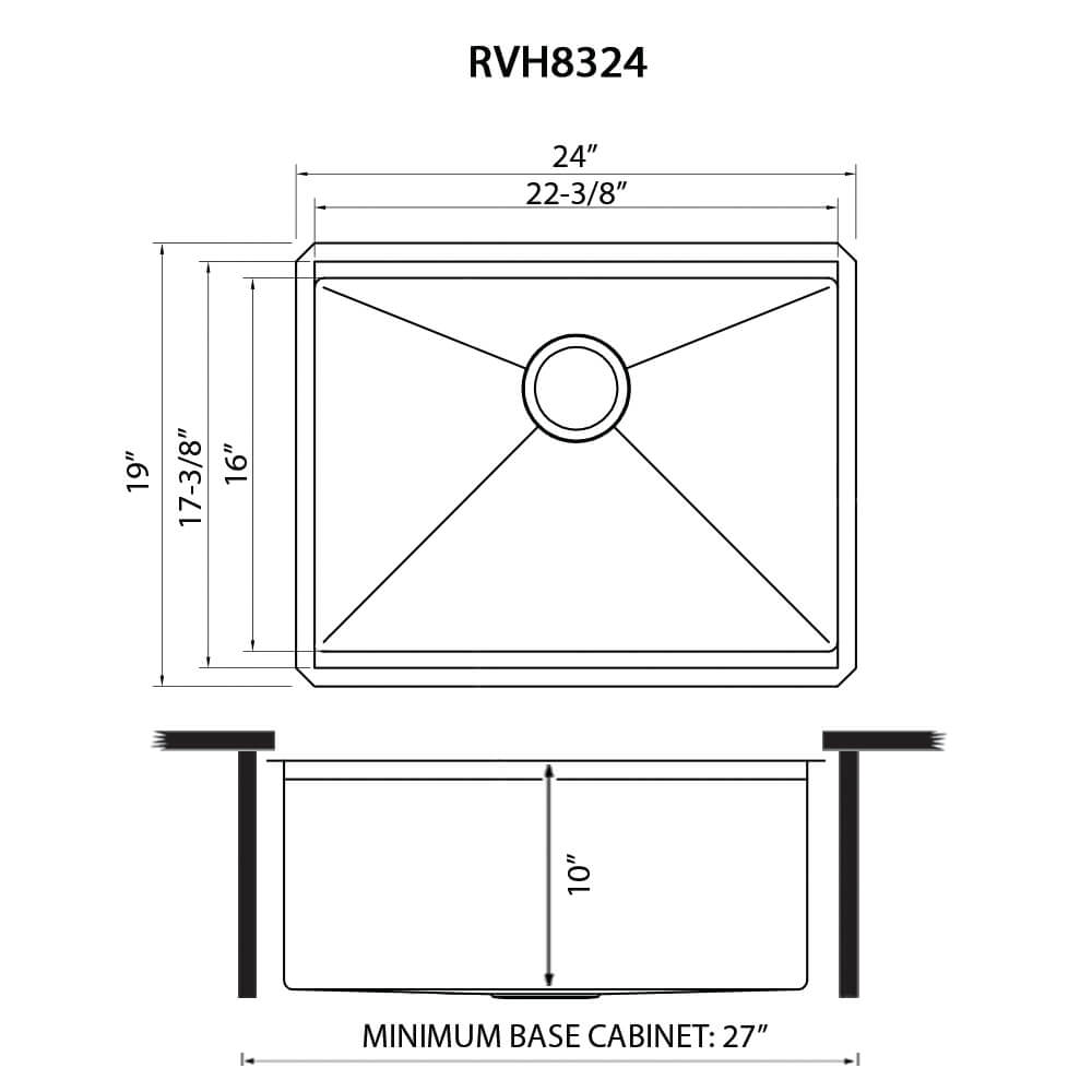 Dimensions Image for Ruvati Roma Pro 24" Undermount Stainless Steel Workstation Kitchen Sink, 16 Gauge, Rounded Corners, RVH8324