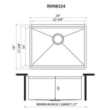 Dimensions for Ruvati Roma Pro 24" Undermount Stainless Steel Workstation Kitchen Sink, 16 Gauge, Rounded Corners, RVH8324