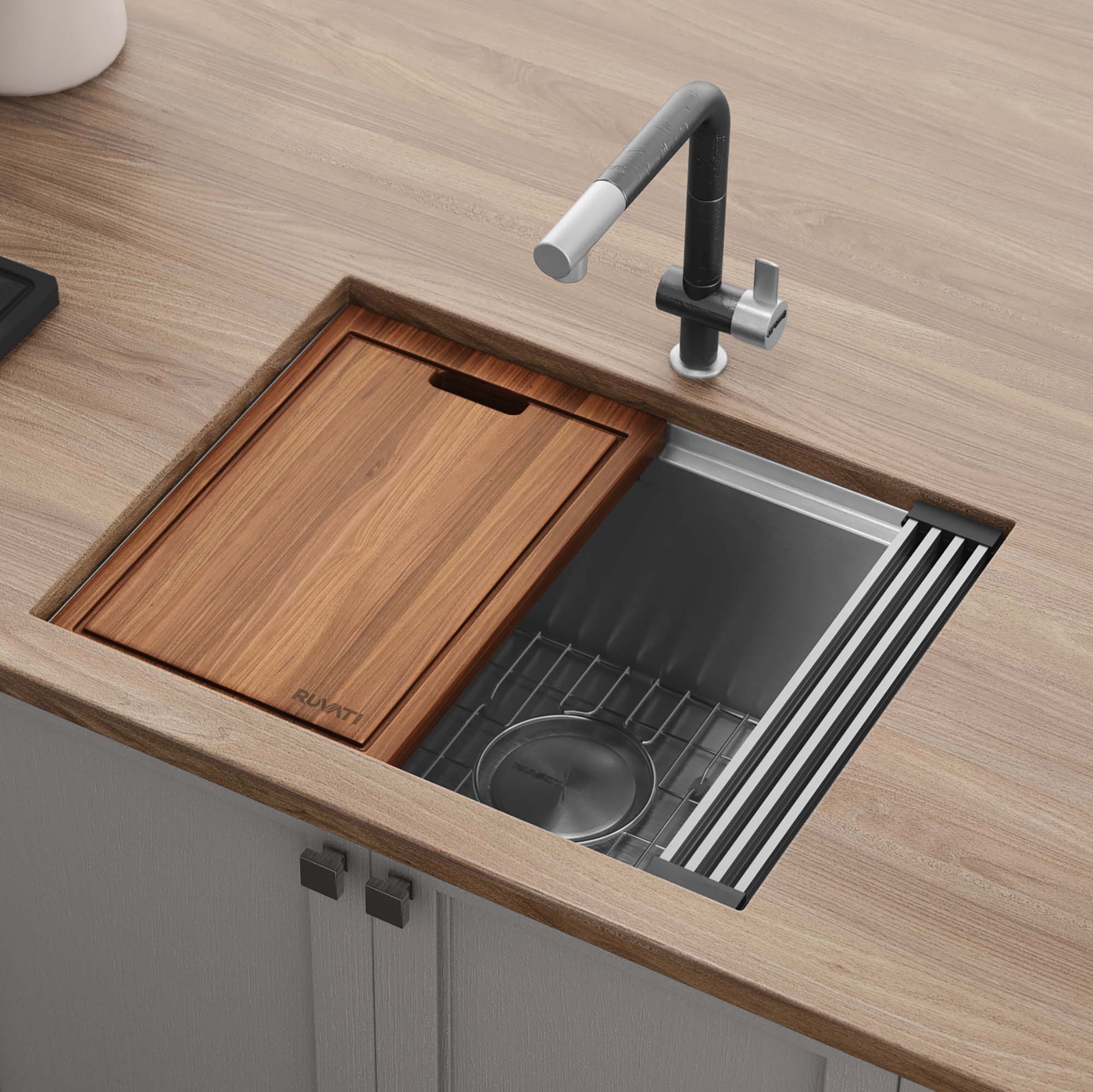 Main Image of Ruvati Roma Pro 24" Undermount Stainless Steel Workstation Kitchen Sink, 16 Gauge, Rounded Corners, RVH8324