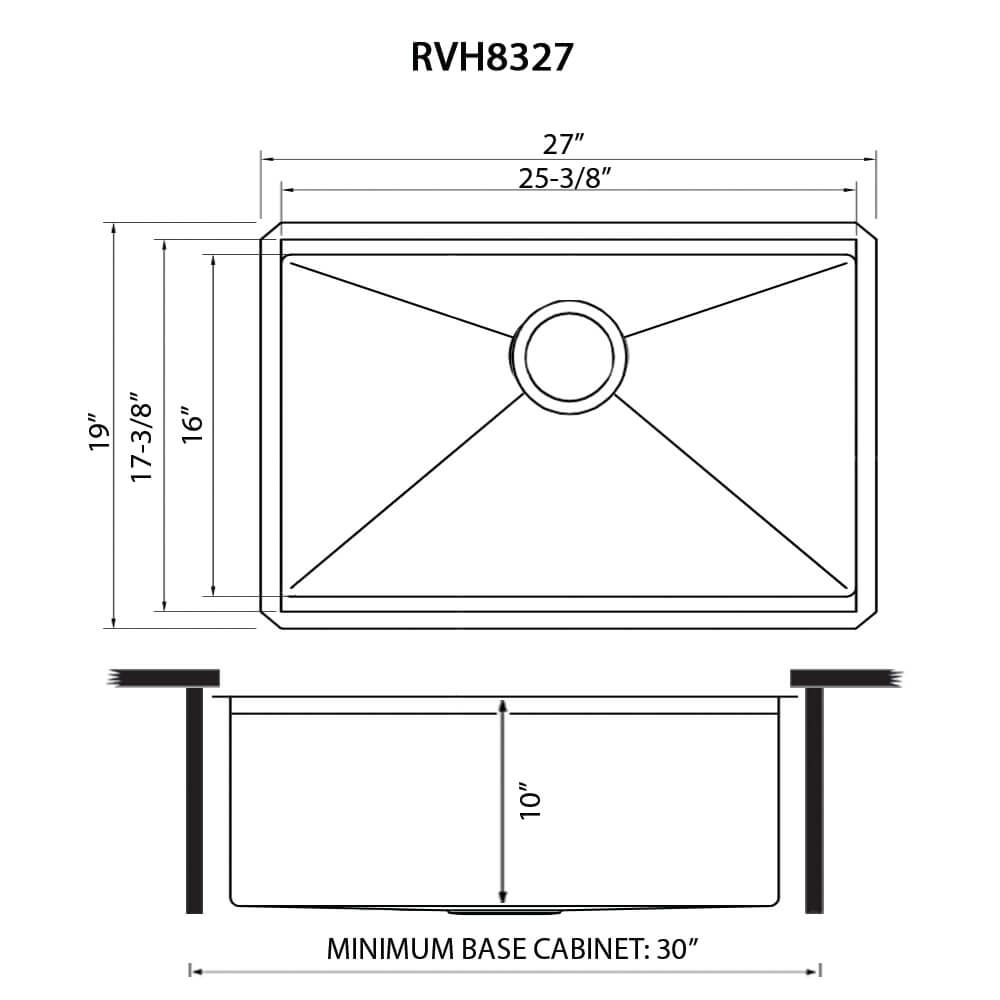 Dimensions Image for Ruvati Roma Pro 27" Undermount Stainless Steel Workstation Kitchen Sink, 16 Gauge, Rounded Corners, RVH8327