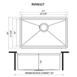 Dimensions for Ruvati Roma Pro 27" Undermount Stainless Steel Workstation Kitchen Sink, 16 Gauge, Rounded Corners, RVH8327