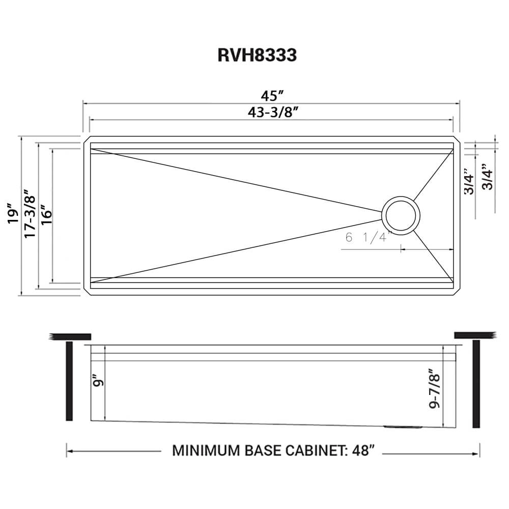 Dimensions Image for Ruvati Dual-Tier 45" Undermount Stainless Steel Workstation Kitchen Sink, 16 Gauge, RVH8333