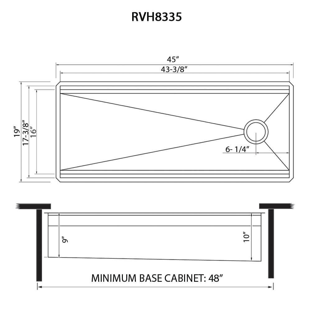 Dimensions Image for Ruvati Dual-Tier Nova 45" Undermount Stainless Steel Workstation Kitchen Sink, 16 Gauge, RVH8335