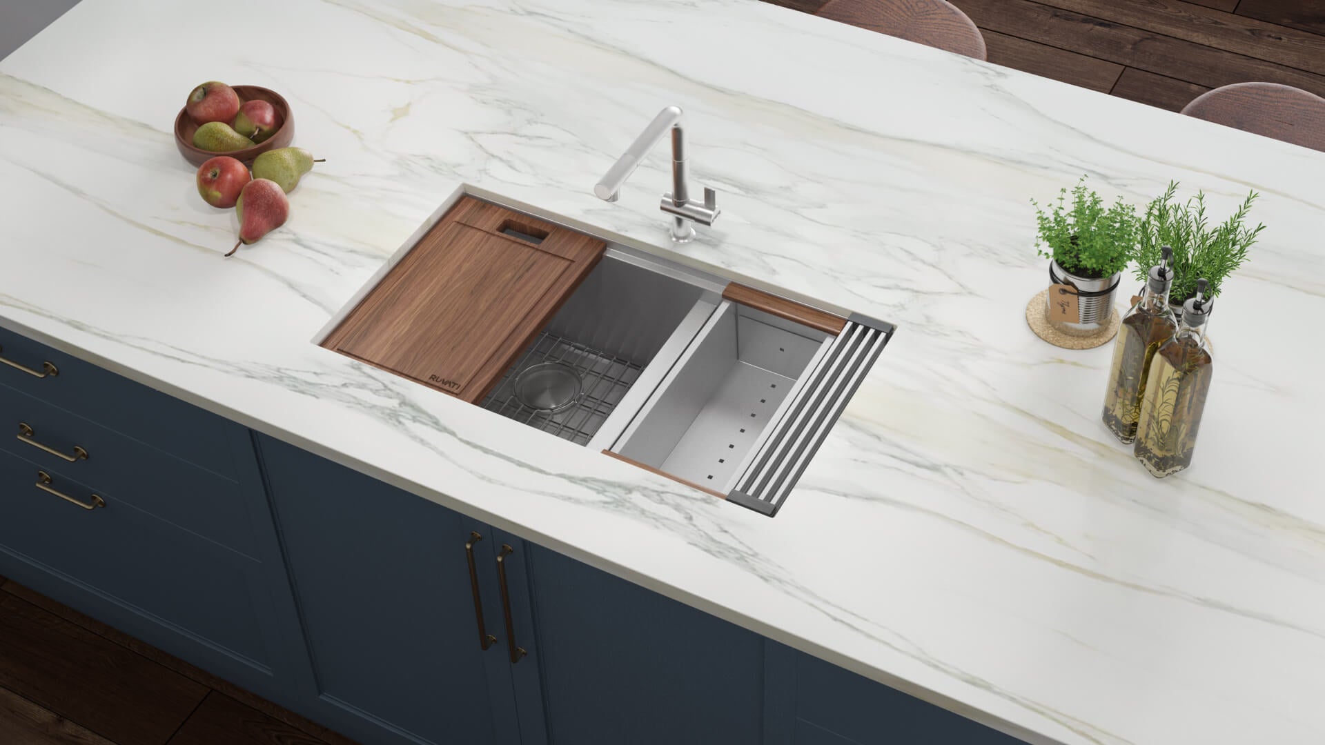 Alternative View of Ruvati Roma 28" Undermount Stainless Steel Workstation Kitchen Sink, 60/40 Low Divide Double Bowl, 16 Gauge, RVH8341