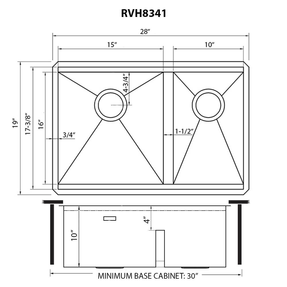 Dimensions Image for Ruvati Roma 28" Undermount Stainless Steel Workstation Kitchen Sink, 60/40 Low Divide Double Bowl, 16 Gauge, RVH8341