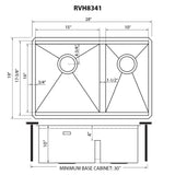 Dimensions for Ruvati Roma 28" Undermount Stainless Steel Workstation Kitchen Sink, 60/40 Low Divide Double Bowl, 16 Gauge, RVH8341
