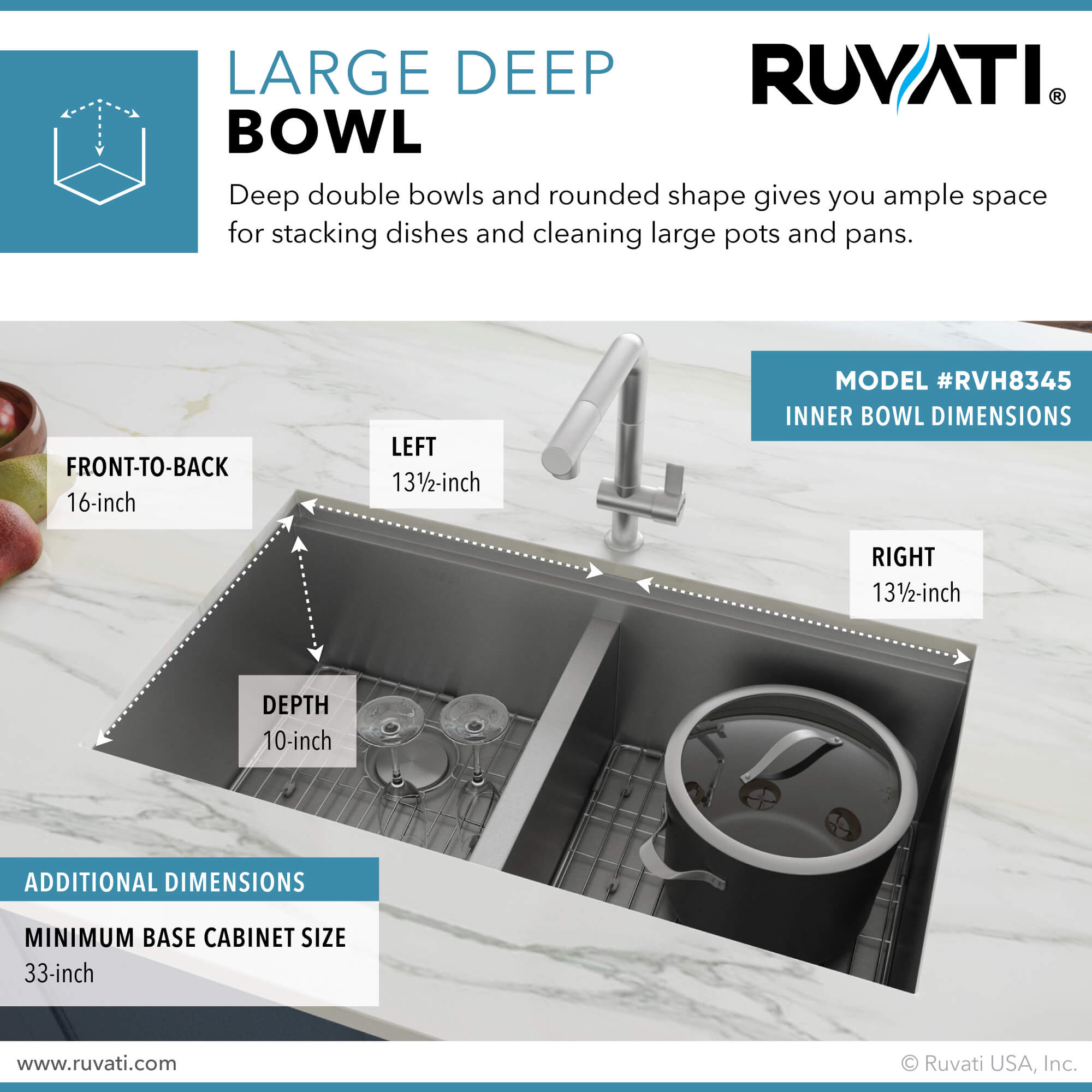 Alternative View of Ruvati Roma 30" Undermount Stainless Steel Workstation Kitchen Sink, 50/50 Double Bowl, 16 Gauge, RVH8345