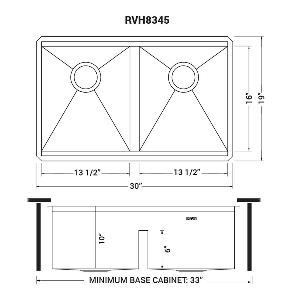 Dimensions Image for Ruvati Roma 30" Undermount Stainless Steel Workstation Kitchen Sink, 50/50 Double Bowl, 16 Gauge, RVH8345