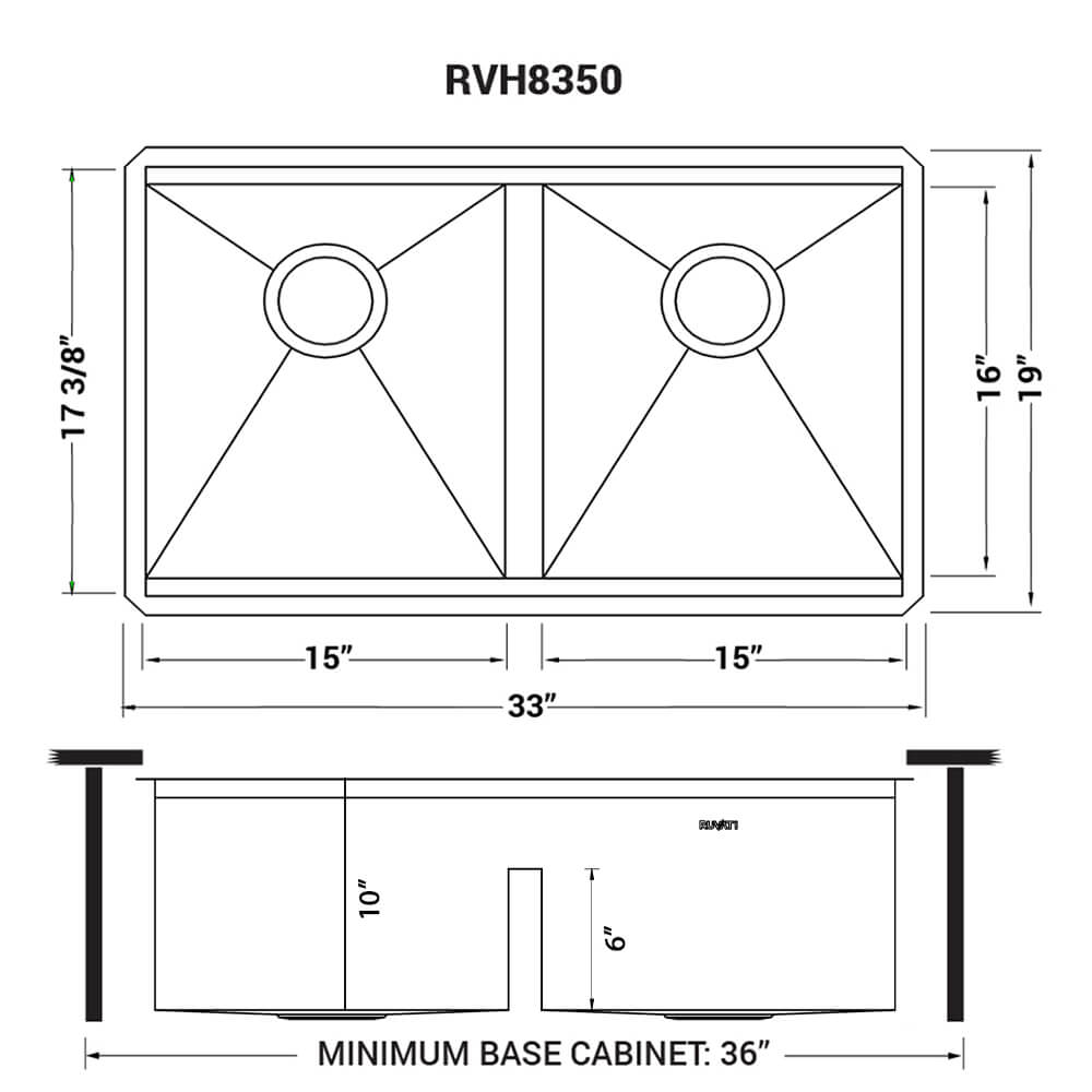 Dimensions Image for Ruvati Roma 33" Undermount Stainless Steel Workstation Kitchen Sink, 50/50 Double Bowl, 16 Gauge, RVH8350