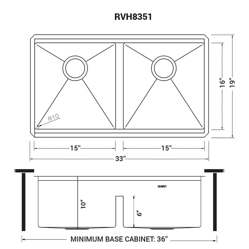 Dimensions Image for Ruvati Roma Pro 33" Undermount Stainless Steel Workstation Kitchen Sink, 50/50 Double Bowl, 16 Gauge, Rounded Corners, RVH8351