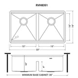 Dimensions Image for Ruvati Roma Pro 33" Undermount Stainless Steel Workstation Kitchen Sink, 50/50 Double Bowl, 16 Gauge, Rounded Corners, RVH8351