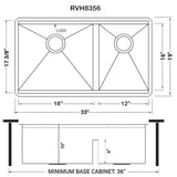 Dimensions for Ruvati Roma 33" Undermount Stainless Steel Workstation Kitchen Sink, 60/40 Double Bowl, 16 Gauge, RVH8356